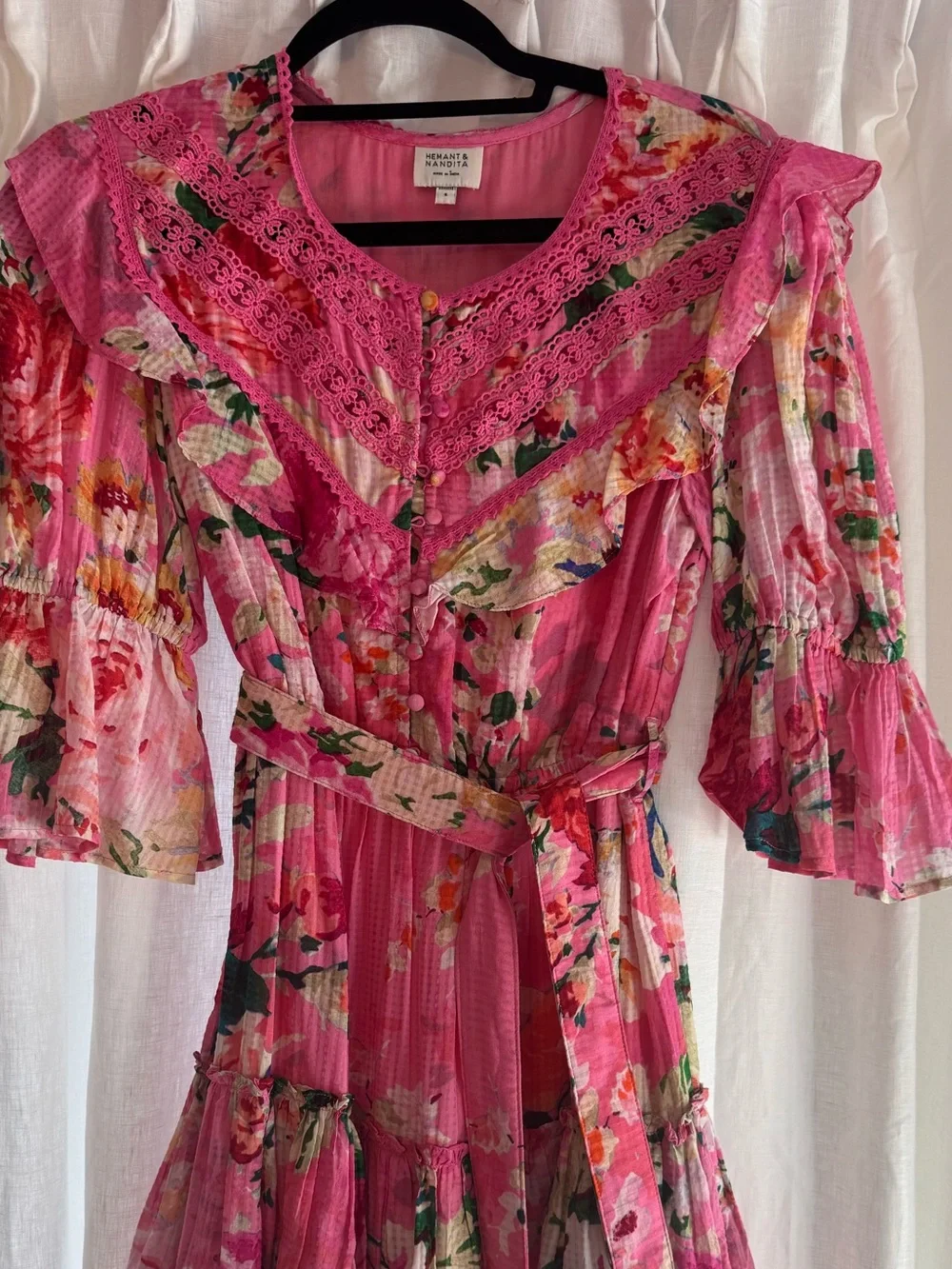 Hemant & Nandita Pink Floral Lace Ruffle Mini Dress Size S